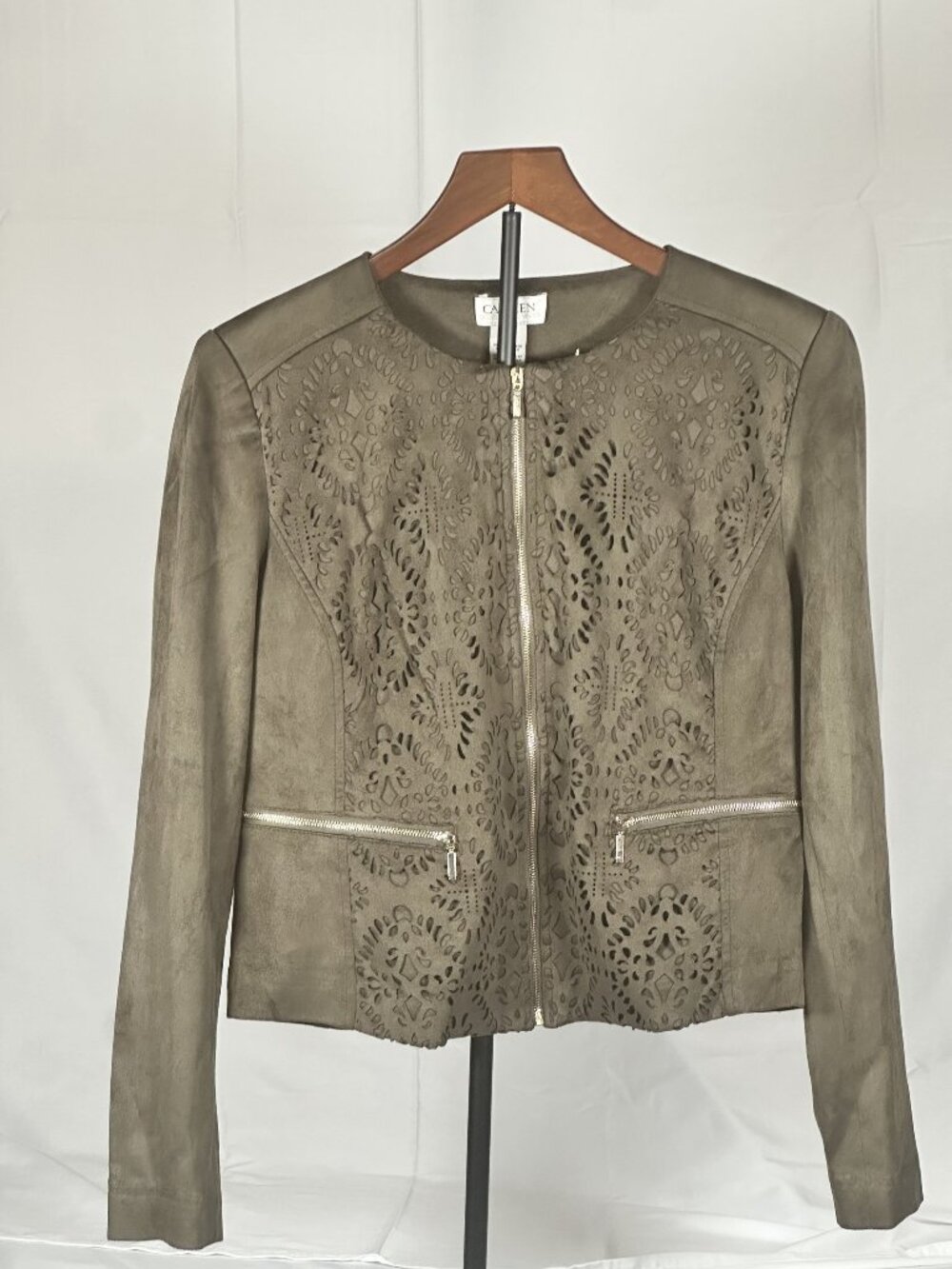 Carmen Marc Valvo Taupe Faux Suede Jacket Size 6